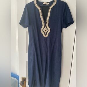 Tory Burch Blue and Cream V-Neck Sheath Dress Resort